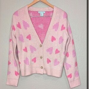 Cupcakes And Cashmere Pastel Pink Heart Valentine Varsity Knit Cardigan Sweater